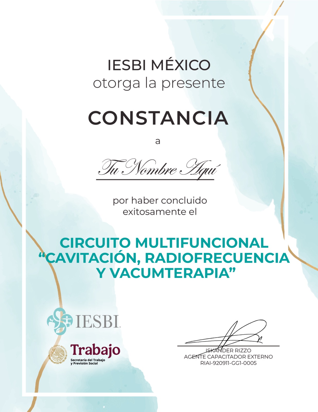 Constancia IESBI México - Circuito Multifuncional Cavitación, Radiofrecuencia y Vacumterapia
